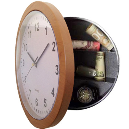 Wall Clock With Secret Safe Compartment - Wood Effect Frame