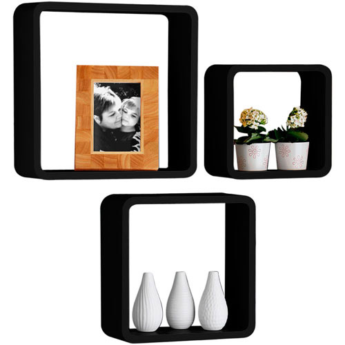 Set Of 3 Decorative Storage Display Hanging Wall Cubes - Black